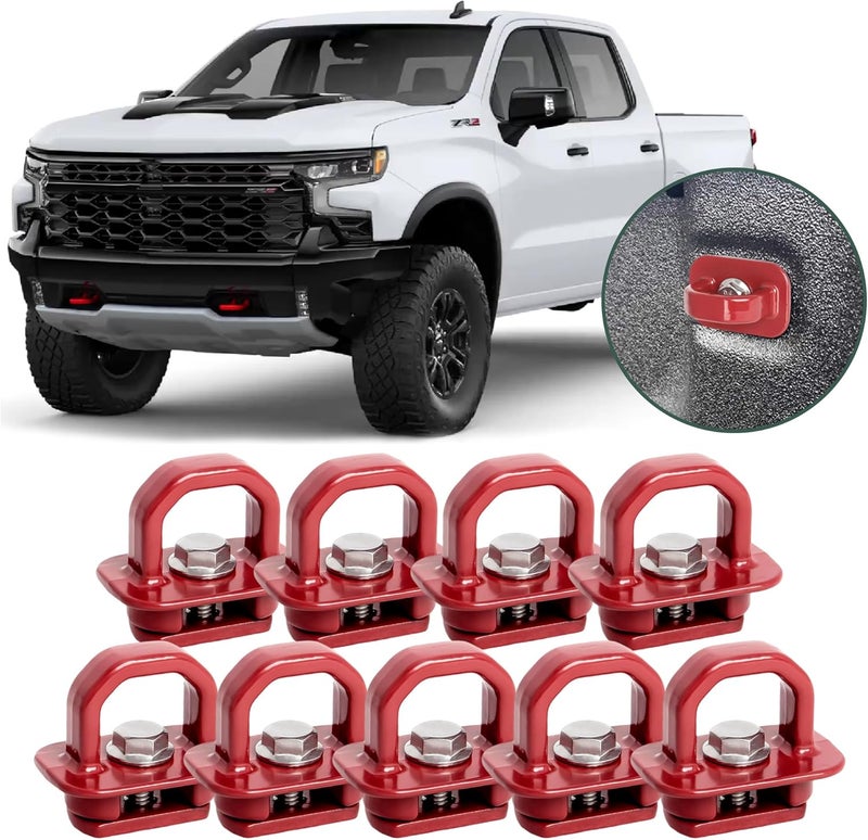 Phamyor Aluminum Tie Down Anchors Truck Bed Side Wall Anchor fit for 2007-2023 Chevy Silverado/GMC Sierra, 2015-2023 Chevy Colorado/GMC Canyon, Truck Bed Cargo Hooks, DZ97903, Red, 9pcs - Image 1